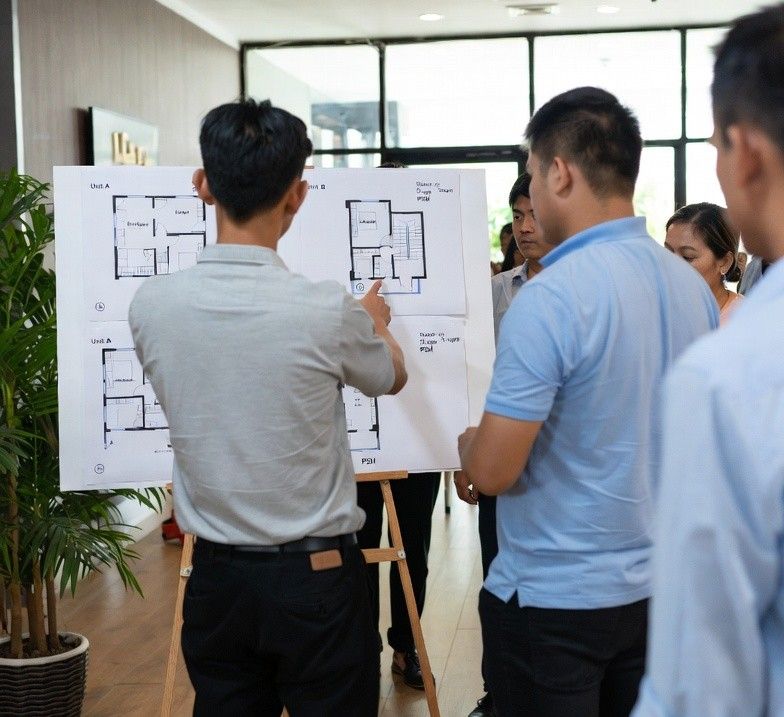 Buyers at a property showroom reviewing floor plans and pricing