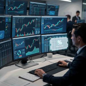 A professional financial analysis scene showing a trader reviewing multiple market charts on large screens while a digital coupon icon appears beside financial graphs, symbolizing cost-efficient access to trading evaluations and smart financial decision-making.